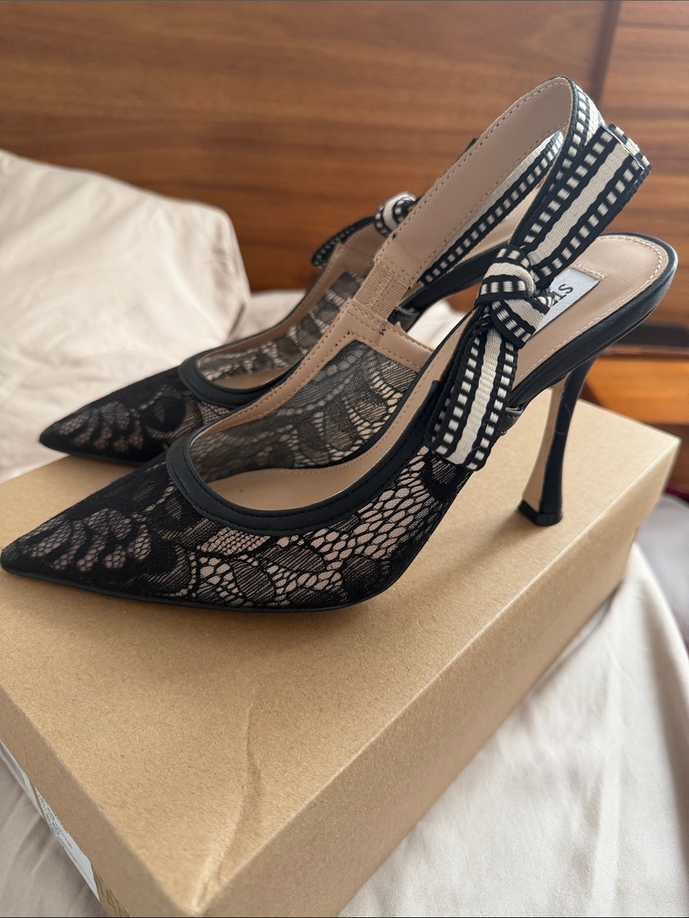 Steve Madden Black Lace Pointed-Toe Slingback Heels with Striped Bow